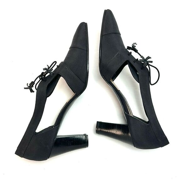 NWOB STUART WEITZMAN Black Satin Pumps Heels Lace Up Pointed Toe size 8 Narrow - Picture 5 of 12